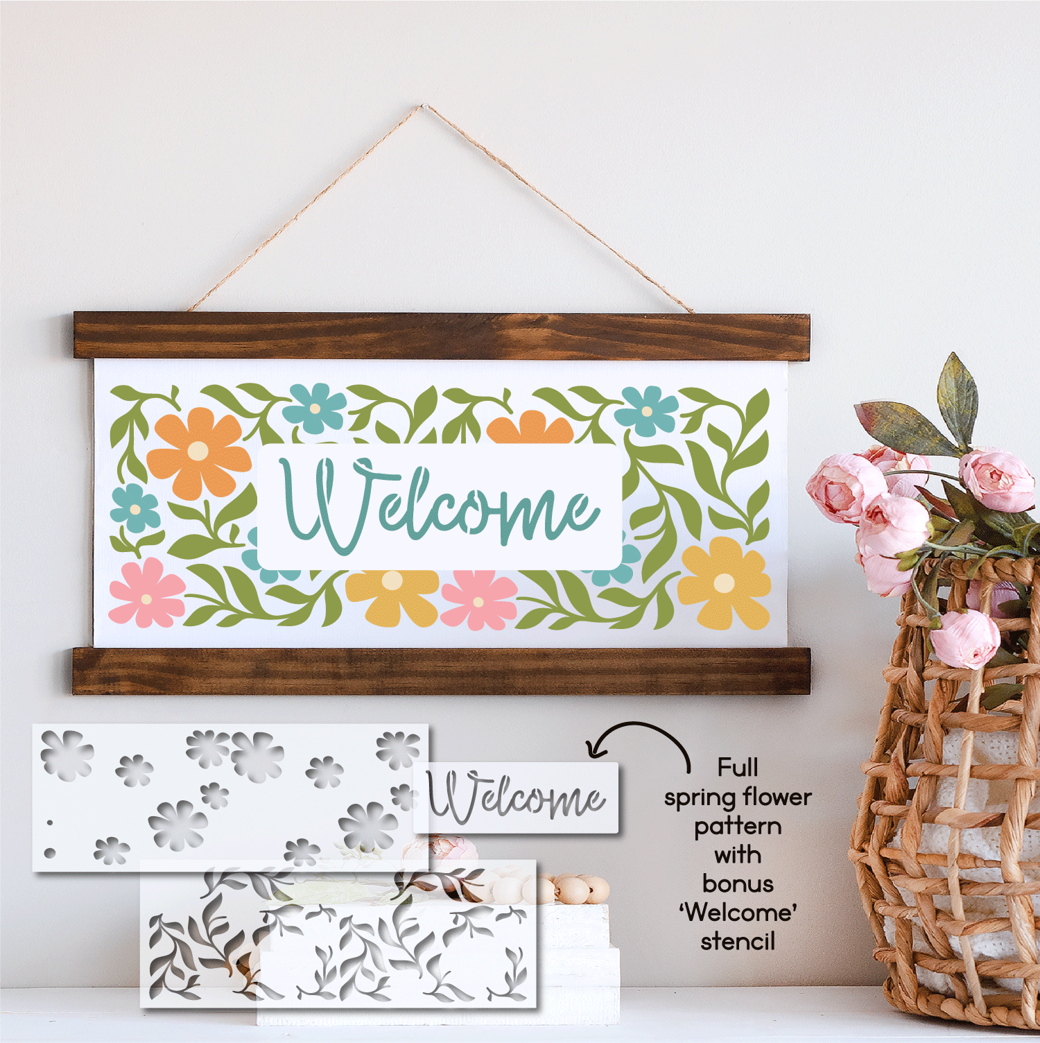 Spring Flower Pattern with Horizontal Welcome Stencil – WallCutz Crafts