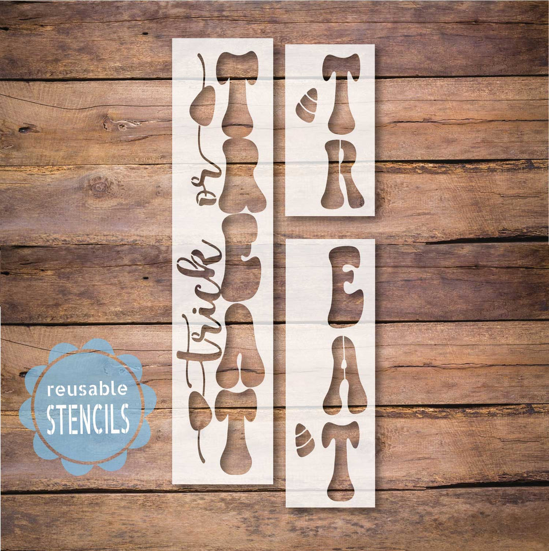 Reusable mylar Trick or Treat candy corn stencil with bubble letters and candy corn details – WallCutz
