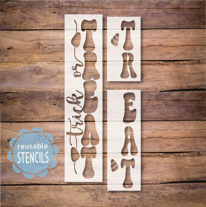 Reusable mylar Trick or Treat candy corn stencil with bubble letters and candy corn details – WallCutz
