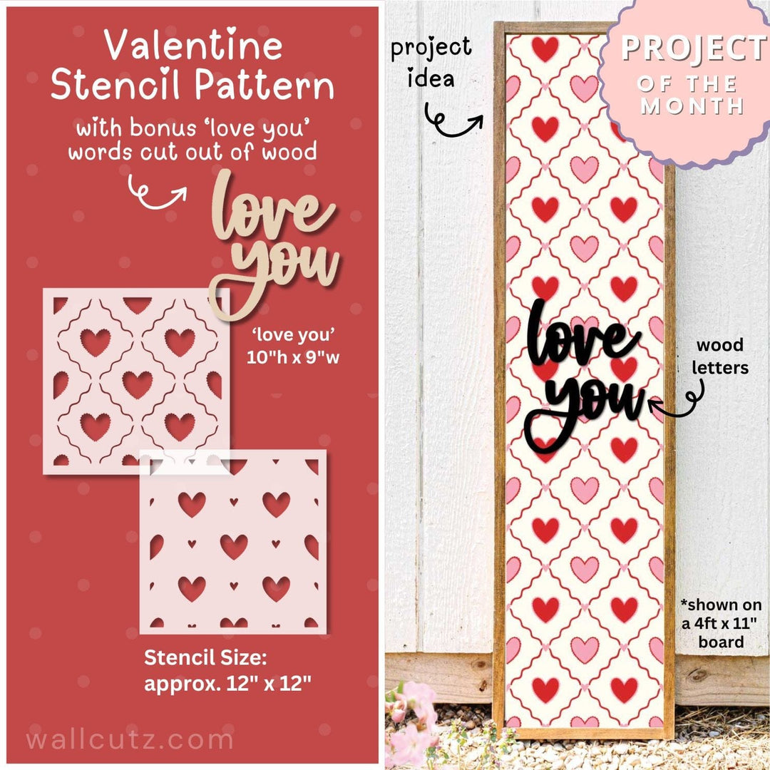 WallCutz  Valentine Stencil Pattern with Wooden 'Love You' words Stencil