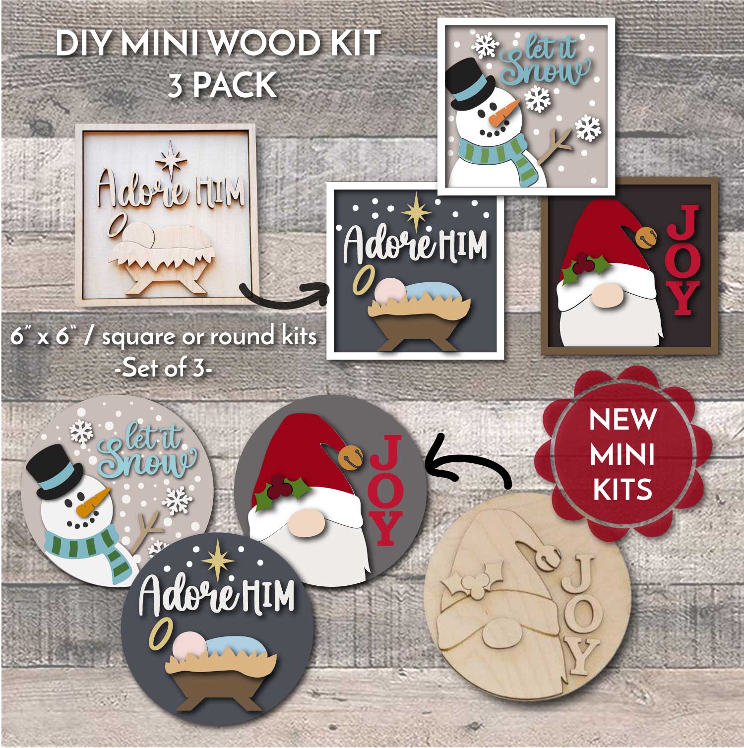 WOOD KIT MINI / Set of 3 Holiday DIY Kits / 6 inch