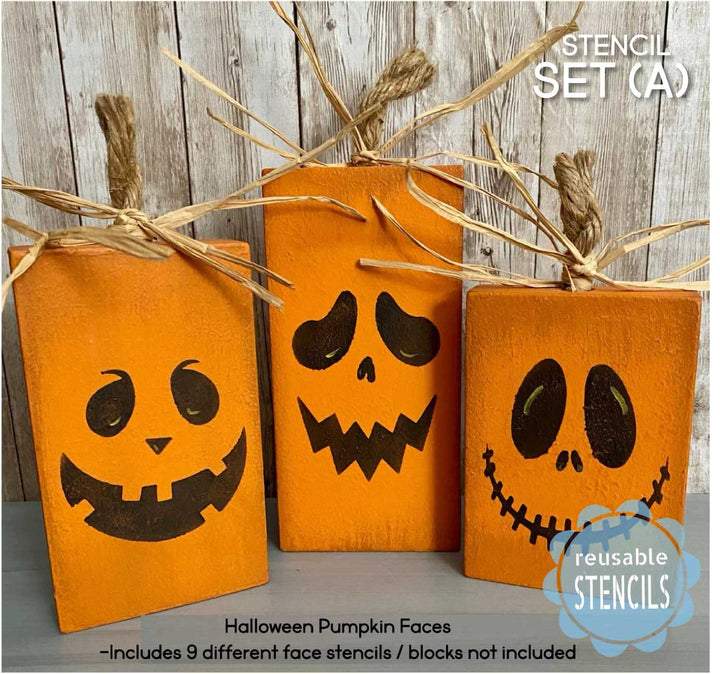 Pumpkin Faces Stencil Pack (SET A) / 9 Reusable Jack-o'-Lantern Faces