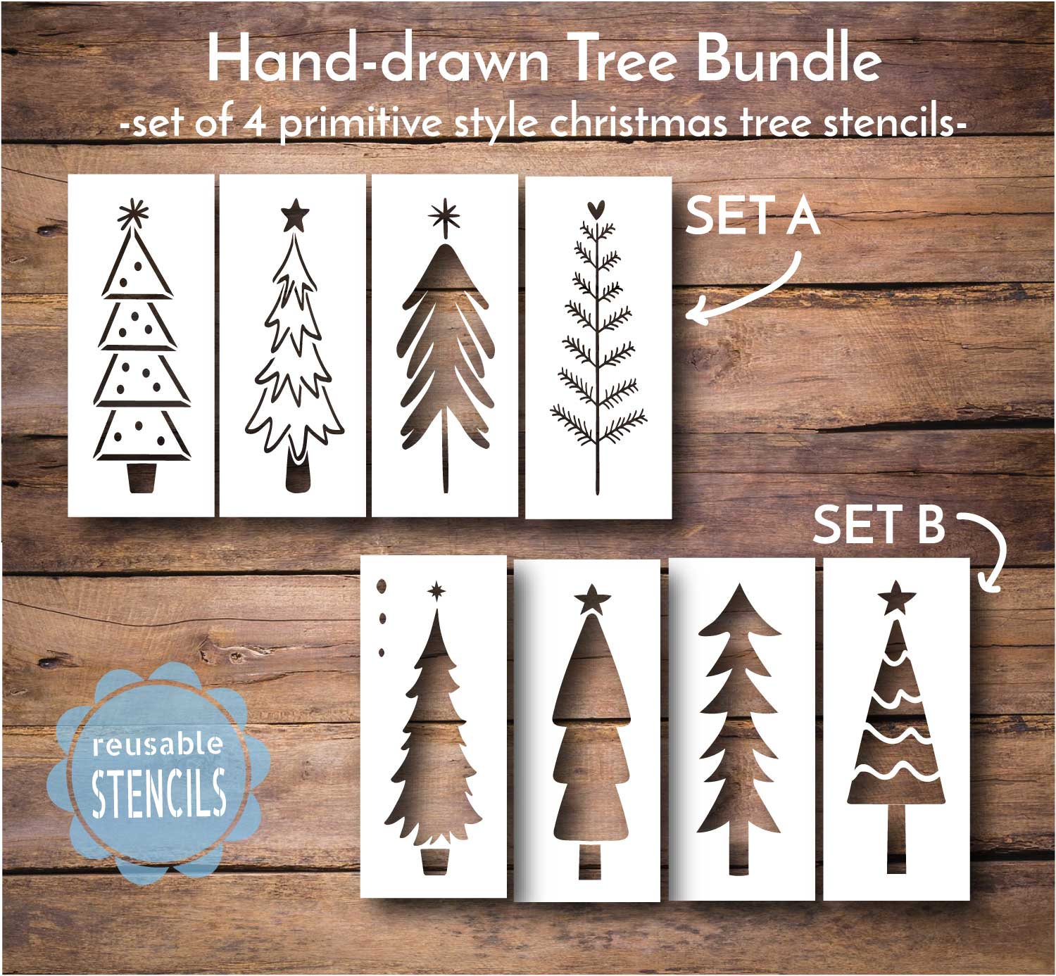 Primitive Hand-Drawn Christmas Tree / 4pk Stencil Bundle