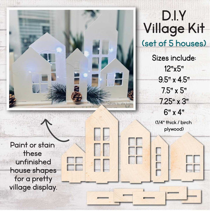 Wood Village Set (5pk) / Unfinished Birch Houses to Paint