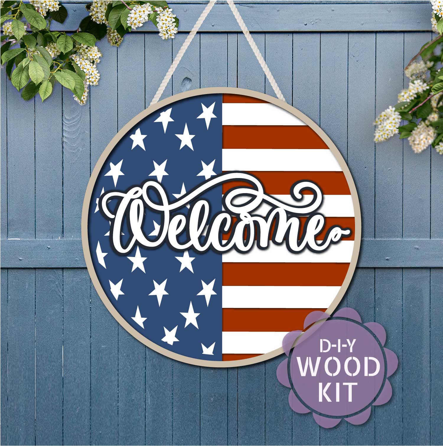 WELCOME アメリカ国旗 小鳥 円形木製サイン Welcome Flag USA Door Hanger Kit | Patriotic Wood Sign with