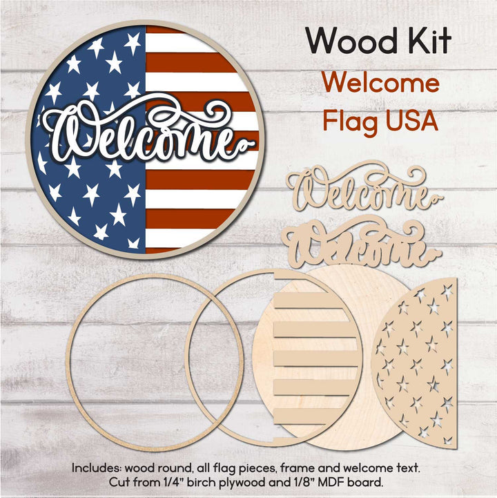 WallCutz  Welcome Flag USA Door Hanger Kit – Patriotic Wood Sign with American Flag for July 4th & Year-Round Decor Wood Kit