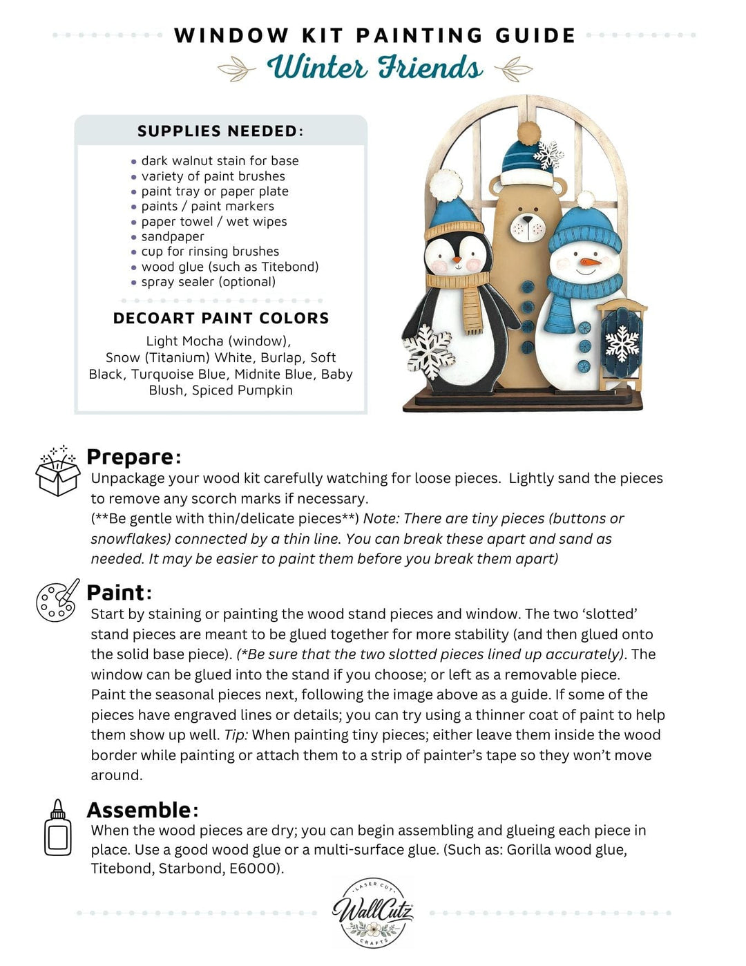 Winter friends bear and penguin wood kit displayed in the WallCutz interchangeable window stand