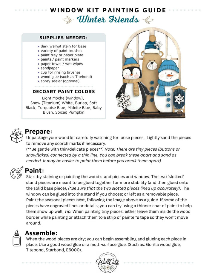 Winter friends bear and penguin wood kit displayed in the WallCutz interchangeable window stand