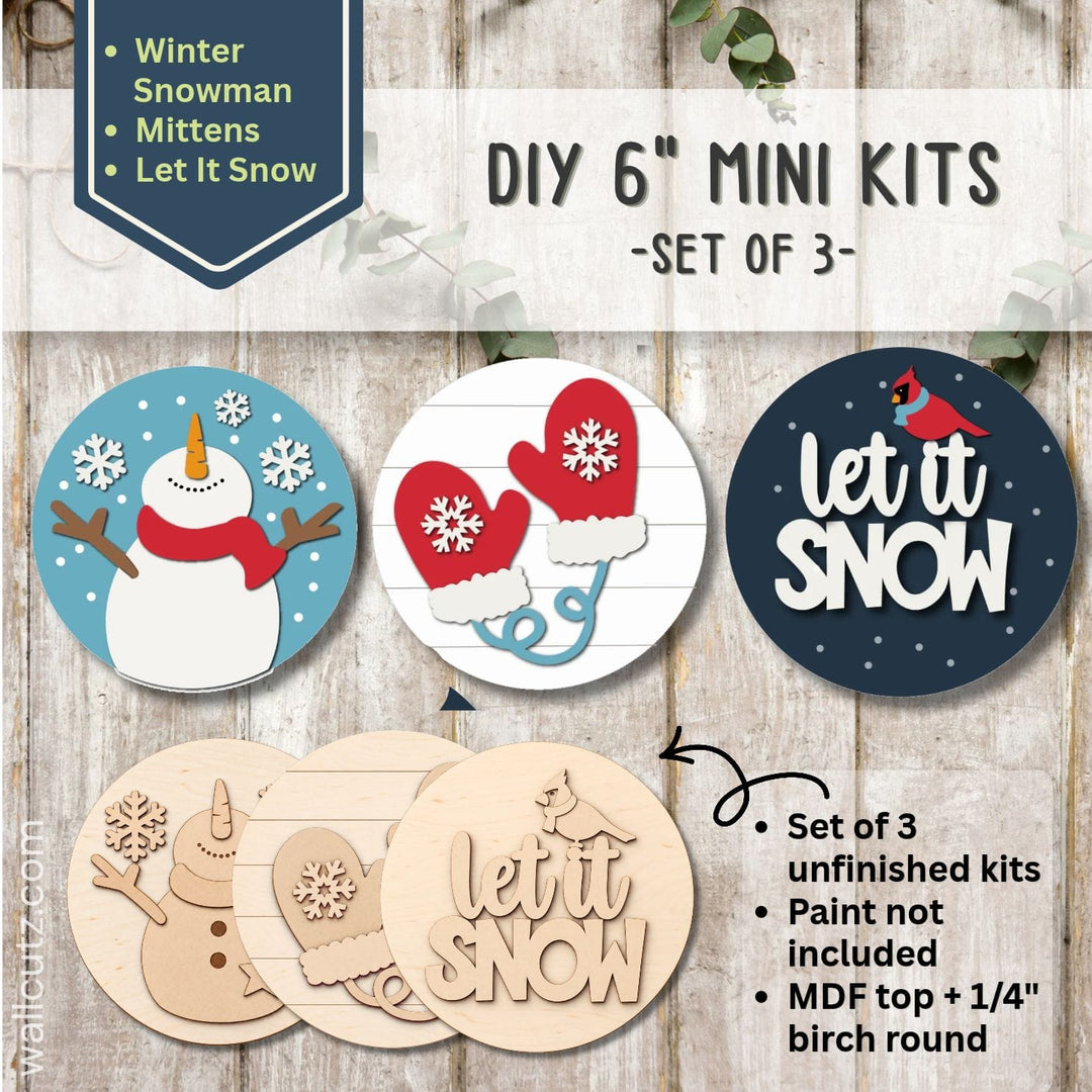 Three 6 inch round winter mini wood kits with a snowman, mittens and cardinal on a Let It Snow sign – WallCutz