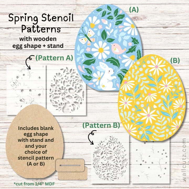 WallCutz  Wood Kit / Egg Shape with Spring Floral Stencil Wood Kit