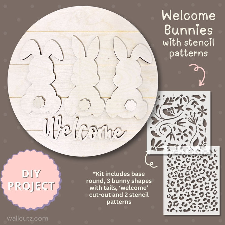 WallCutz  WOOD KIT with stencil patterns  / Bunny Trio Welcome wood kit
