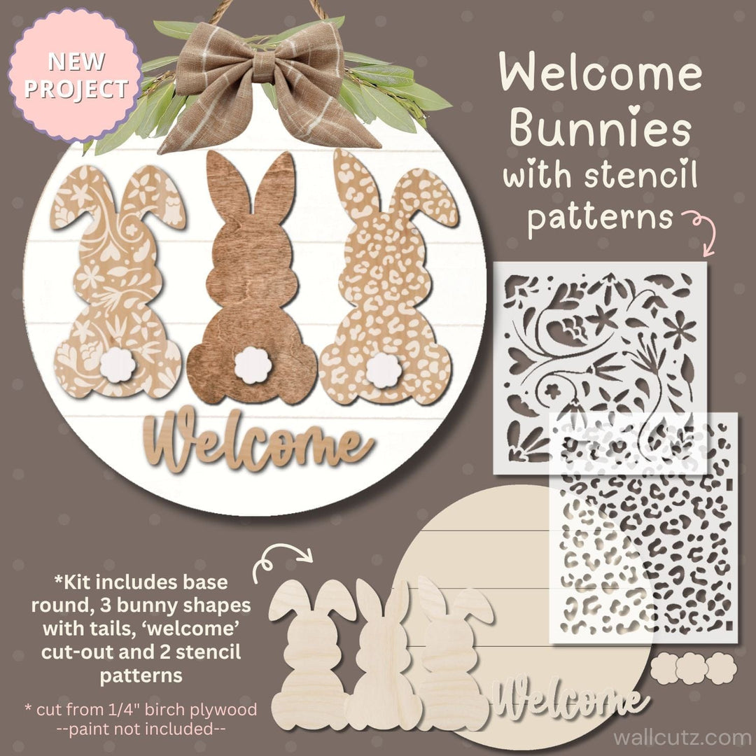 WallCutz  WOOD KIT with stencil patterns  / Bunny Trio Welcome wood kit