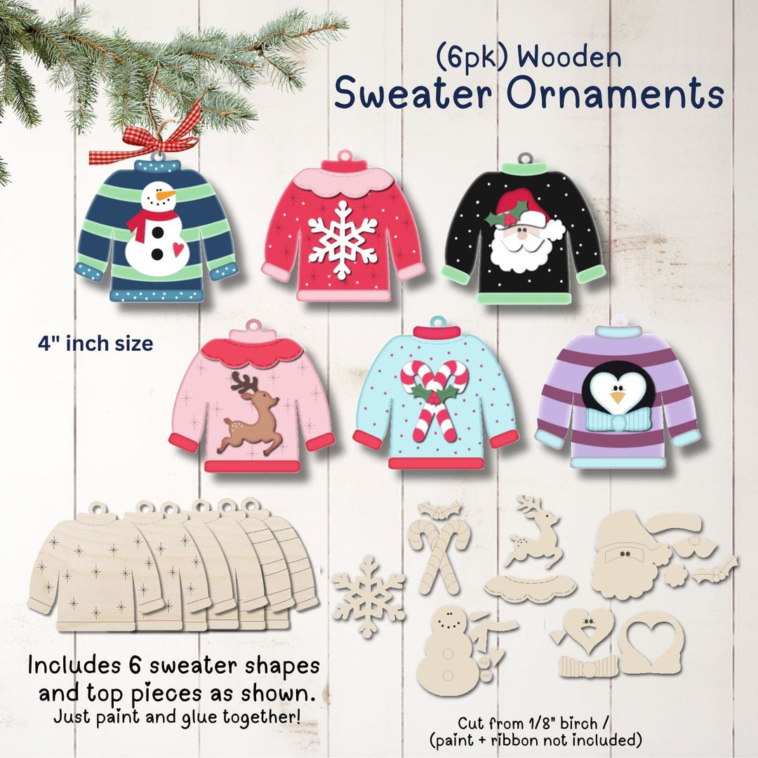 WallCutz  Wood Ornament Kit / Christmas Sweaters / 6 Pack / SET (C) Wood Kit
