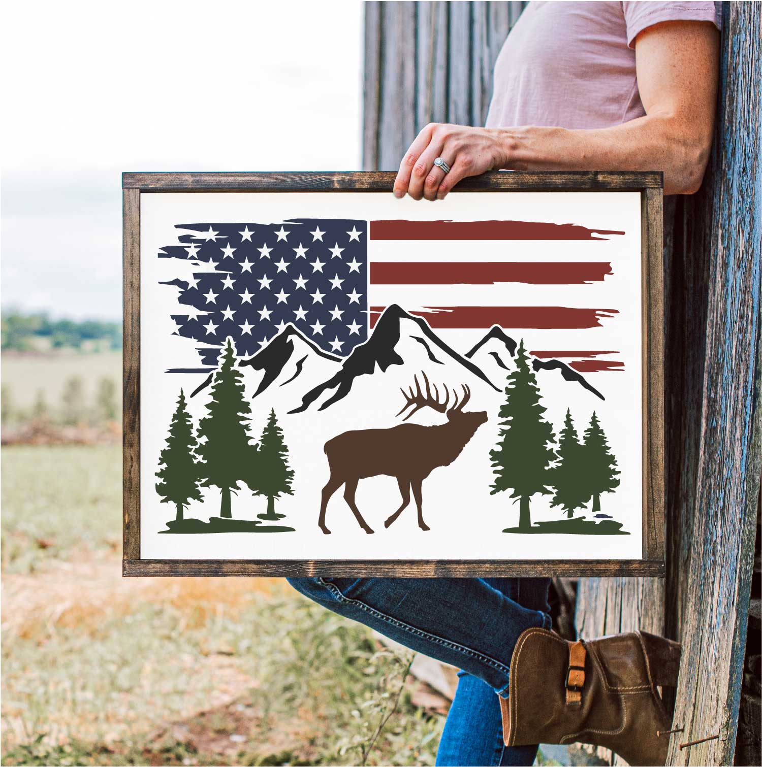Elk Mountain Scene with American Flag / Stencil