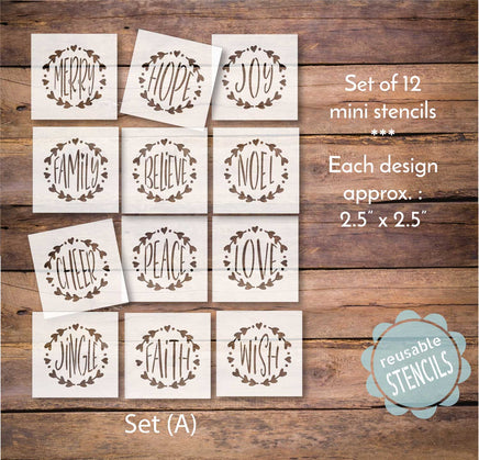 WallCutz Stencil Set of 12 / Set (A) wreath words Mini Stencil Pack #1 / Christmas wreath words (12)