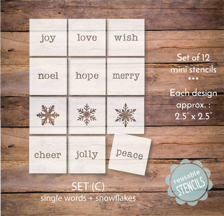 WallCutz Stencil SET (C) single words/snowflakes (12) Mini Stencil Pack (C)  / Single words + snowflakes (12)