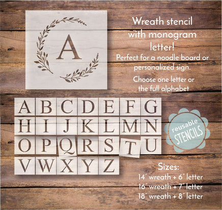 WallCutz Stencil Wreath Stencil with monogram letter / Noodle board stencil